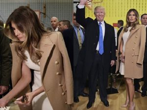 Melania diện đầm không tay kết hợp với áo khoác màu camel vừa lịch thiệp vừa quyến rũ trong sự kiện bỏ phiếu chính thức Tổng thống Mỹ